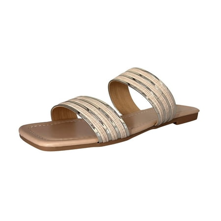 

Cathalem Ladies Fashion Summer Leather Metal Panel Open Toe Flat Beach Slippers Beige 38