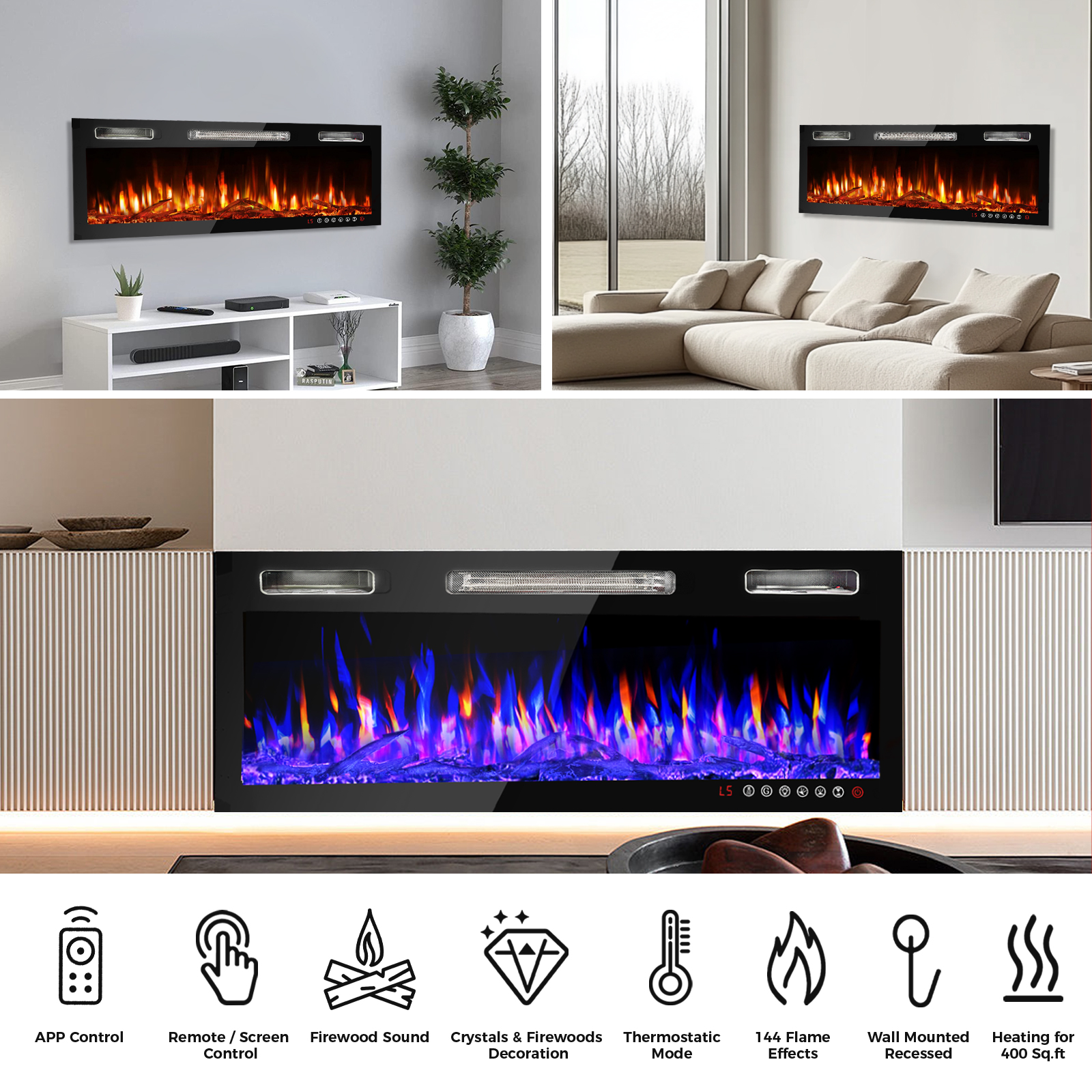 36 inch Ultra-Thin Electric Fireplace in-Wall Recessed and Wall Mounted Fireplace Heater,Linear Fireplace with Multicolor Flame,Timer,Low Noise,750/1500W,Touch Screen & Remote Control(36’’)