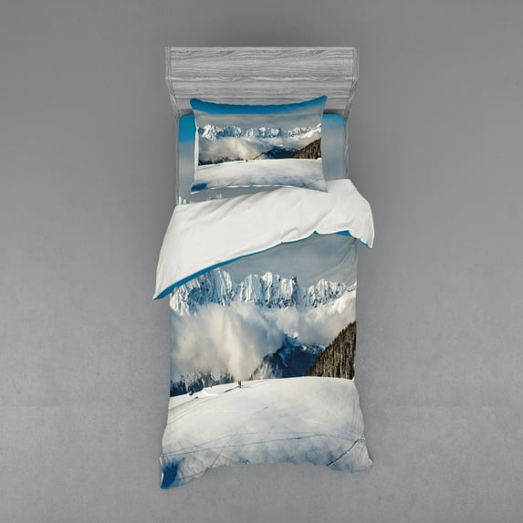 Ambesonne Winter Bedding Set 3 Pcs, Panoramic Mountains Walk, Twin XL, Blue White Brown