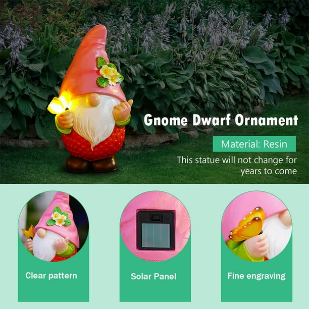 Lámpara de jardín de hadas solar de resina de gnomo de figura de jardín enano (enano de fresa)
