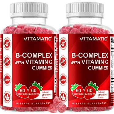 Vitamatic Vitamin B Complex Gummies with Vitamin C & Inositol - Natural Strawberry Flavor - 60 Gummies (2 Bottles