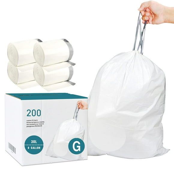 Code G (200 Count) 8 Gallon/30 Liter Heavy Duty Drawstring Plastic Trash Bags 1.2 Mil Reliable1st Compatible with simplehuman Code G White Drawstring Garbage Liners 8 Gallon 30 Liter