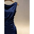 thumbnail image 3 of Navy Blue Satin Cowl Neck Sleeveless Ruched Midi Dress With Pearl Buttons, 3 of 4