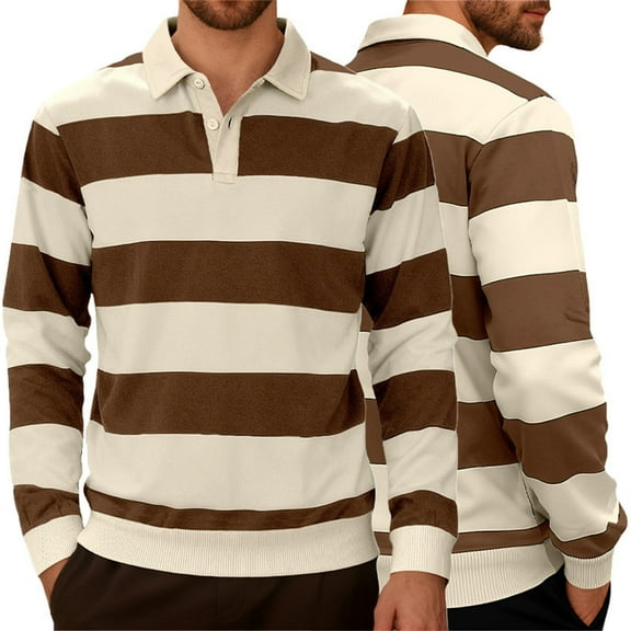 Men's Striped Polo Shirts Long Sleeve Button Work Shirt Golf Shirts (Brown M)