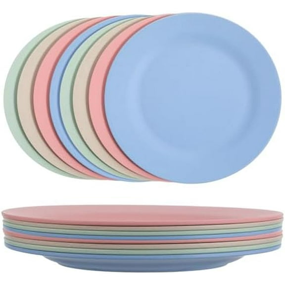 10 Inch Wheat Straw Dinner Plates, 8 Pack Unbreakable Sturdy Plastic Reusable Plates, Microwave and Dishwasher Safe Plates Set, Non-Toxic, BPA Free
