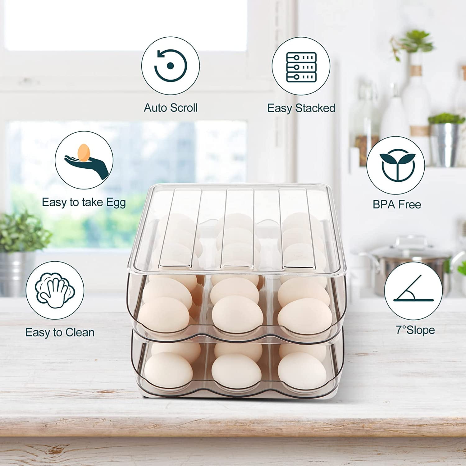 Egg Holder for Fridge,Automatically Rolling Egg Storage Container for Refrigerator,Egg Organizer for Fridge with Lid,Clear Plastic Dispenser, Tray & Box -3 Layer