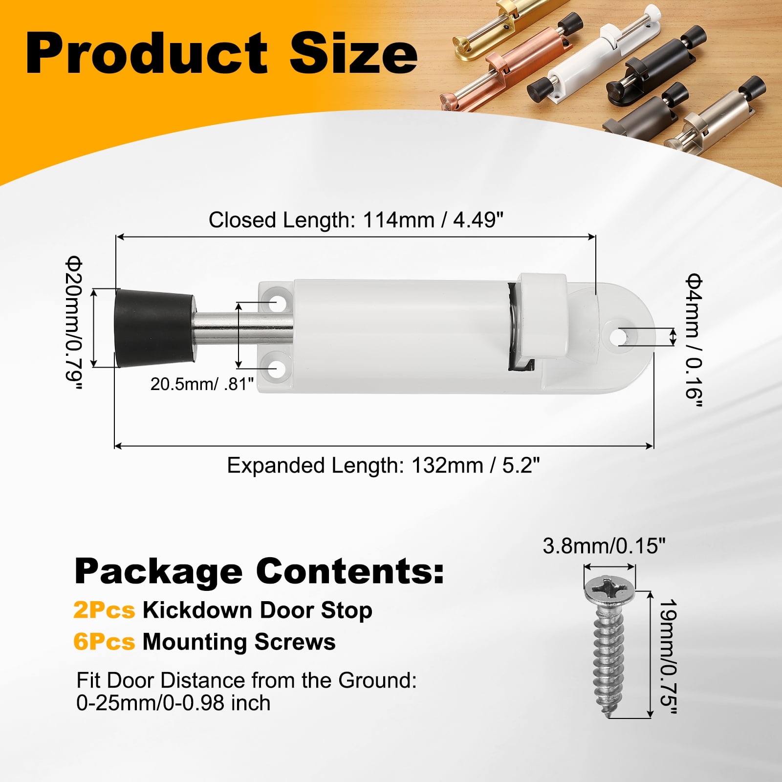 Uxcell 2Pcs Kickdown Door Stop, Zinc Alloy Spring Loaded Telescopic Step On/Off Adjustable Heavy Duty Foot-Operated Door Stop Holder for Ground Gap 0-25mm, White