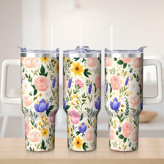 Flowers tumbler 40 oz tumbler with handle and straw 304 stainless steel travel cup coffee mug water bottle suitable as a gifts for women mom gifts gift for flowers lovers