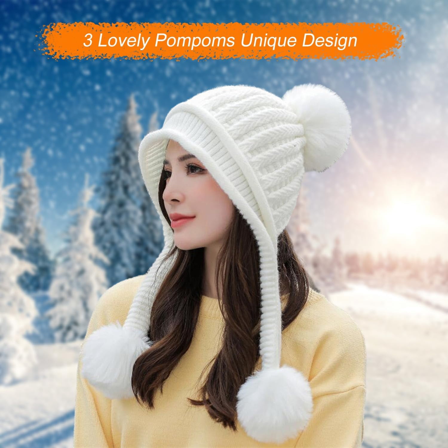 Zhengup Women Winter Beanie Hat Circle Scarf Set Pompoms Peruvian Ski Snow Ear Flaps Sherpa Knit Hats Fleece Lined,S to M Size Head