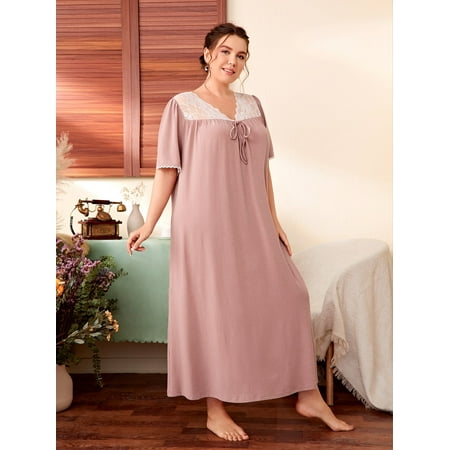 

Women s Plus Contrast Lace Tie Front Sleep Dress 0XL(12) Dusty Pink Elegant F22001D