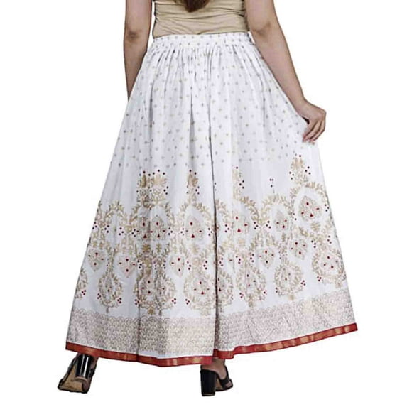 Chadrakala Women's Rayon Cotton Indian Flaire Long Maxi Skirt Gold Block Print ,Free Size, White (S106WHI)