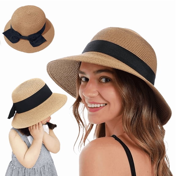Yoyauz Parent Child Straw Hat, Wide Brimmed Bow Hat, Beach Sun Hat, Girl And Lady