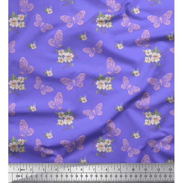 Soimoi Poly Georgette Fabric Leaves,Floral & Butterfly Decor Fabric Printed Yard 52 Inch Wide