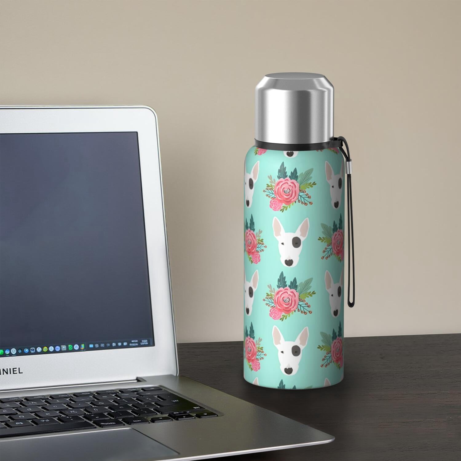 20 Oz Bull Terrier Dog and Flower Florals Coffee Tumbler Double Wall Insulated Stainless Steel Water Bottle | Metal Reusable Thermoses Flask with Cup Cap | Leak & Sweat Proof with Anti-Dust Lid
