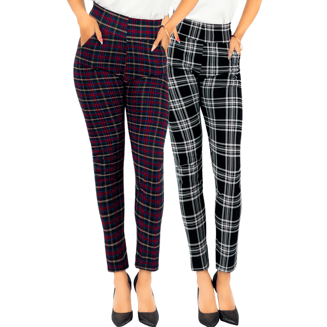 set de 2 leggings elegantes jegging mujer a cuadros stretch looks formal y casual mayón mallones Malabis — vista frontal de dos jeggings tiro alto y corte recto: uno en patrón tartán rojo y azul y otro en cuadros blancos sobre negro; pretina ancha, bolsillos frontales y tela stretch visible, combinables con blusa blanca y tacones para un look formal o con tenis para uso casual; también adecuados para actividad ligera o uso diario.