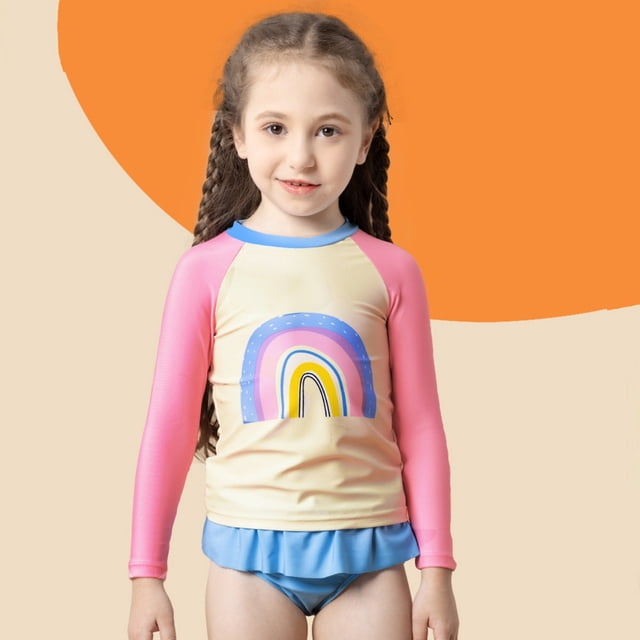Kid Girl Rash Guard Swimwear Cute Long Sleeve Sun Protection Toddler Girls Swimsuit 6-7 Years