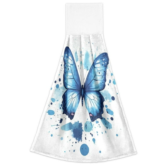 WOBOGO Blue Butterfly Hand Towel Set of 2 Absorbent for Kitchen and Bathroom With Velcro Hanging Loop 18.2×14in