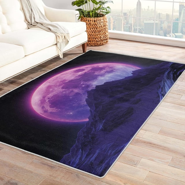 Moon Rugs for Bedroom - Moon Rug & Home Decor, Neon Planet Rugs for Entryway, Washable Rugs, 3x5 Area Rug, Non Slip Soft Low Pile Indoor Door Mat, Celestial Mountain Carpet & Room Decorations