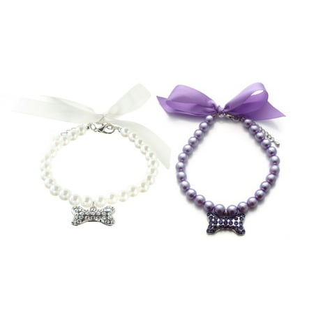 2Pcs Dog Cat Pearl Collar Necklace With Rhinestone Bone  Fancy Cat Wedding Collar Jewelry For Girl Cat Puppy Dogs Accessories - Purple+White