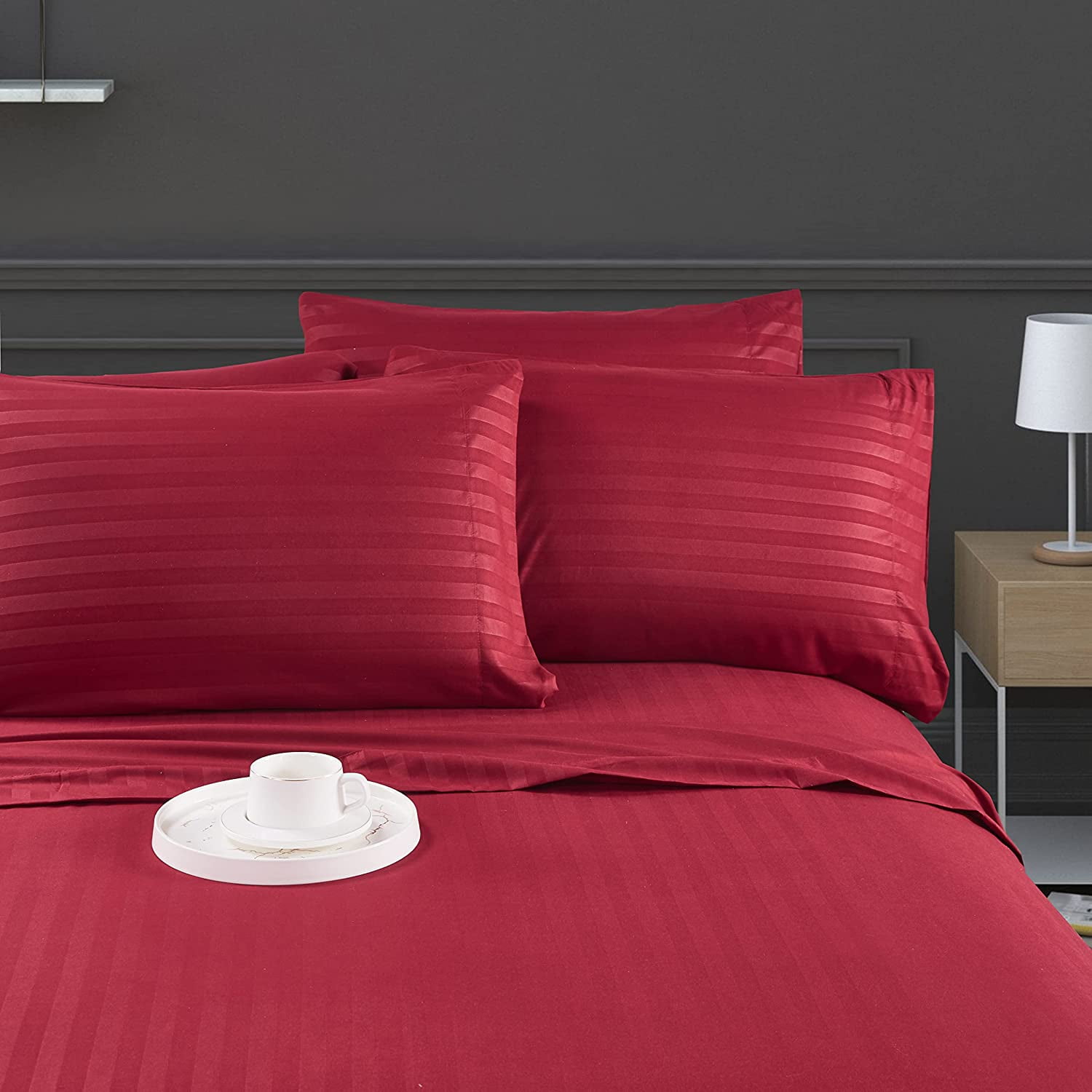 6 Piece Bamboo Sheet Set for Bed - 100% Pure Bamboo - Fit 30" Inch Deep Pocket Silk Feel, Cooling, Anti-Static, Extra Soft and Luxury - Burgundy Stripe, Twin XXL Size.