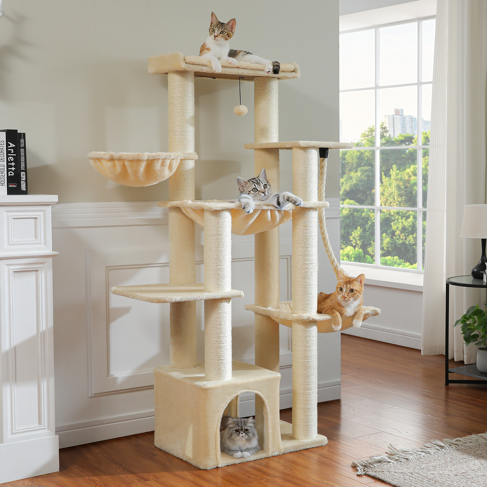 PEQULTI 67" Maine Coon Cat Tree Large Cat Tower for Indoor Cats with 8 Thick Scratching Post Beige