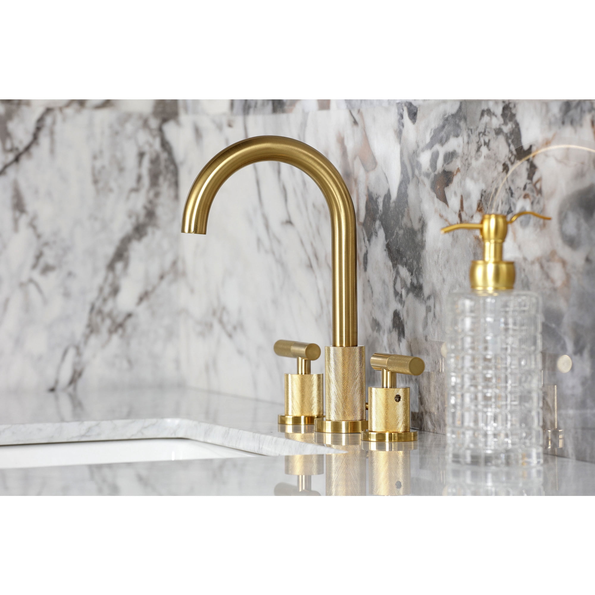 Kingston Brass FSC8923KNL Convergent Two-Handle 3-Hole Deck Mount Widespread Bathroom Faucet with Knurled Handle and Brass Pop-Up in Brushed Brass