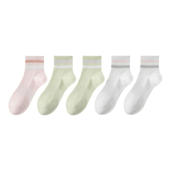 5 Pairs Women Cotton Ankle Socks with Pastel Striped Cuffs Soft Breathable Knit Fabric for Everyday Comfort - 5 pcs-2
