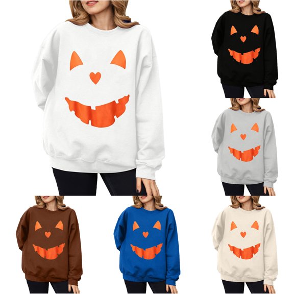 Halloween Sweatshirt for Women Crewneck Pullover Sweatshirt for Work Travel Long Sleeve Solid Top Modern Casual Comfort Clothing for Winter White S