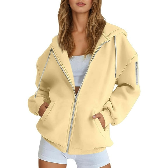 Women's Casual Zip Up Hoodie - Solid Color Loose Fit Long Sleeve Sweatshirt Jacket, Cozy and Warm Basic Hooded Outerwear for Fall and Winter