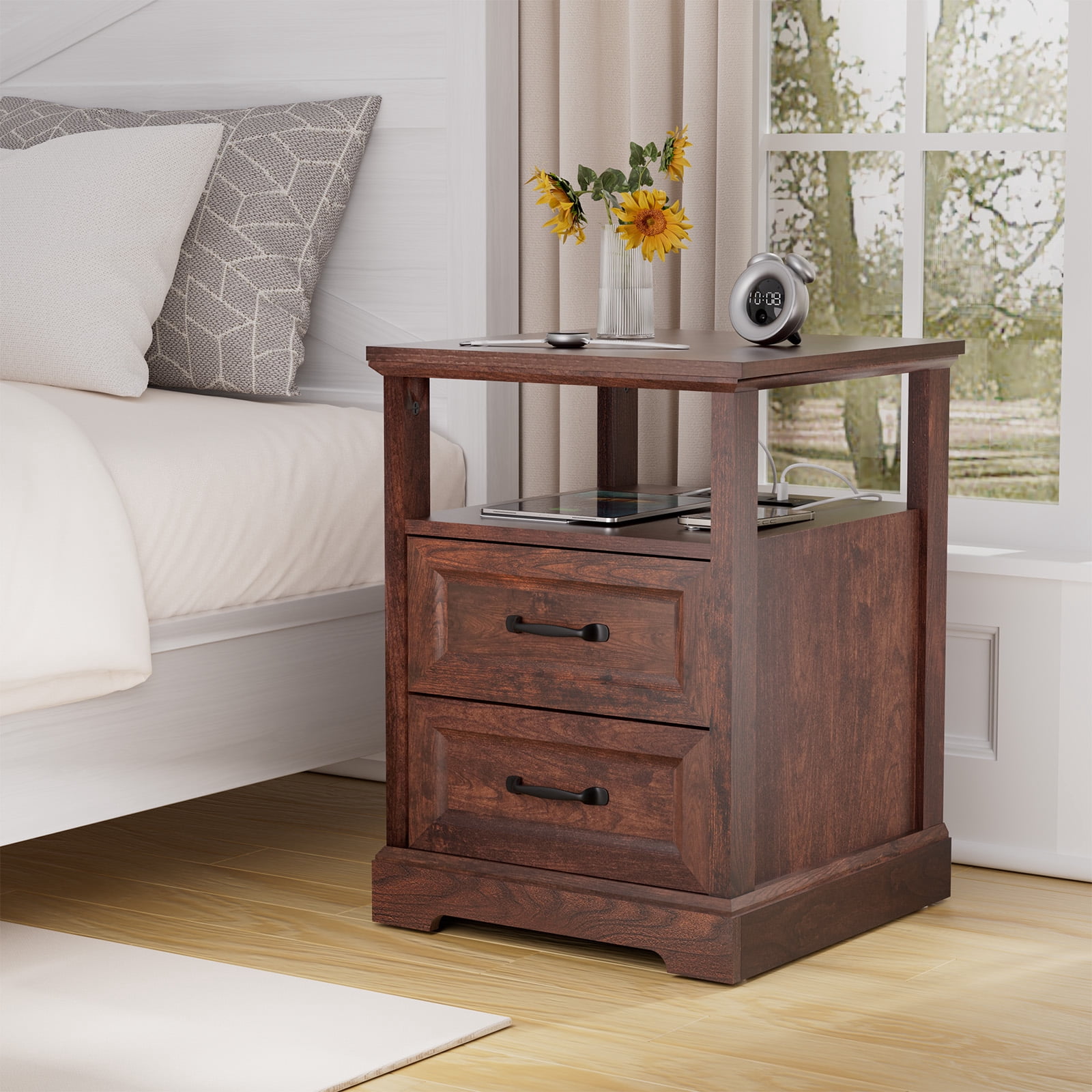 Hommpa Farmhouse End Tables for Living Room, Nightstand with Charging Station, Rustic Sofa Side Table with 2 Drawers and Storage Shelf, Bedside Cabinet for Bedroom, Brown