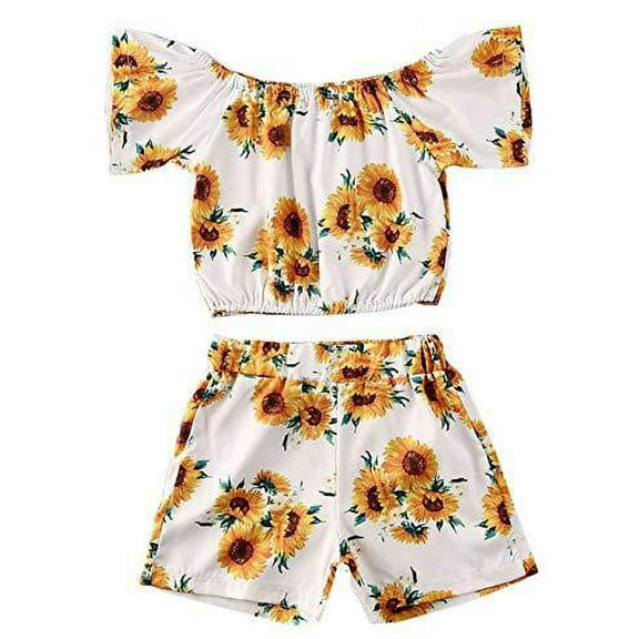 Baby Girl Sunflower Short Sleeve Crop Top and Shorts 2pcs Spring Summer Outfit