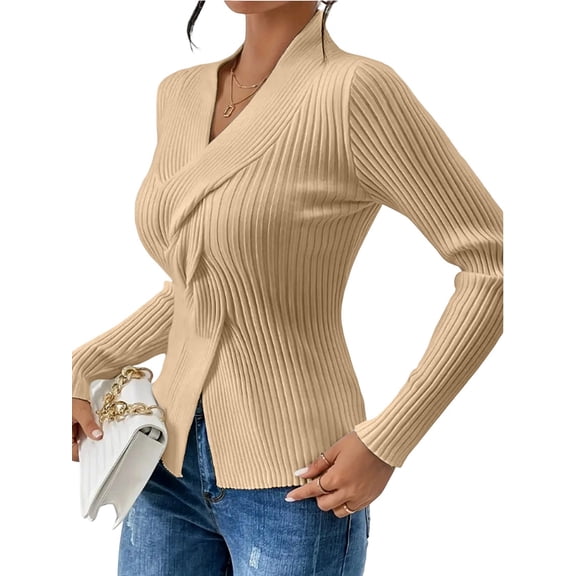 Sweaters for Women Fall Long Sleeve V Neck Ribbed Knit Sweater Slim Fit Solid Basic Casual Tops Khaki S