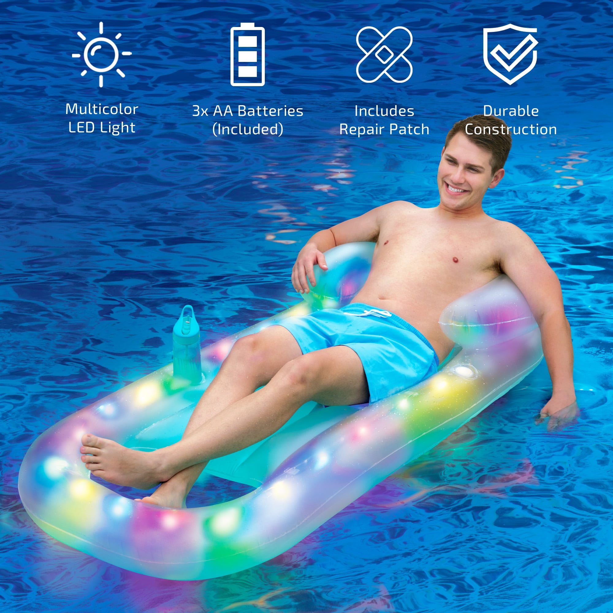 Bluescape LED Pool Lounge – Inflatable Light-Up Floating Lounger with Waterproof Color-Changing LEDs