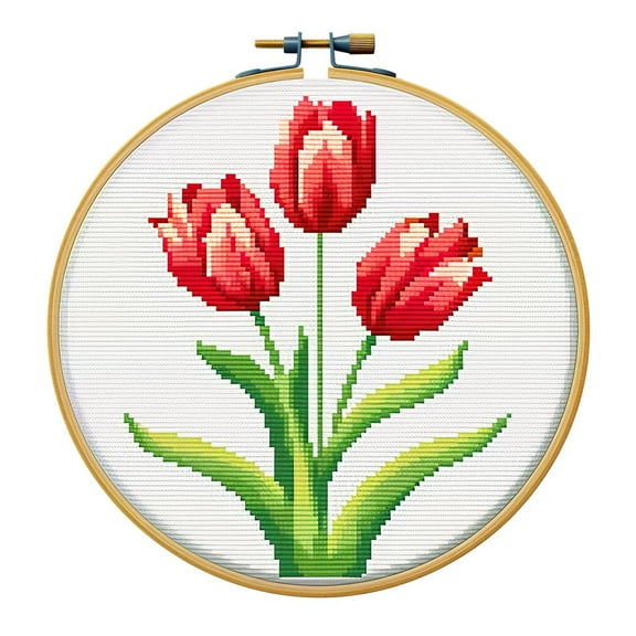 Cartoon Simple Tulips Flower 11CT Stamped Cross Stitch Kits Easy for Beginners Child with Hoop DIY Needlepoint Counted Embroidery Kits Art Craft Wall Decor 12x12IN(3)
