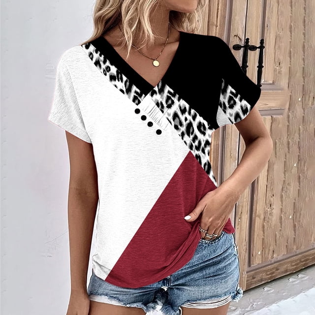 Fiudx Ofertas Del Día Blusa de Manga Corta de Verano con Cuello En V para Mujer, Sexy, Informal, con Estampado Regular