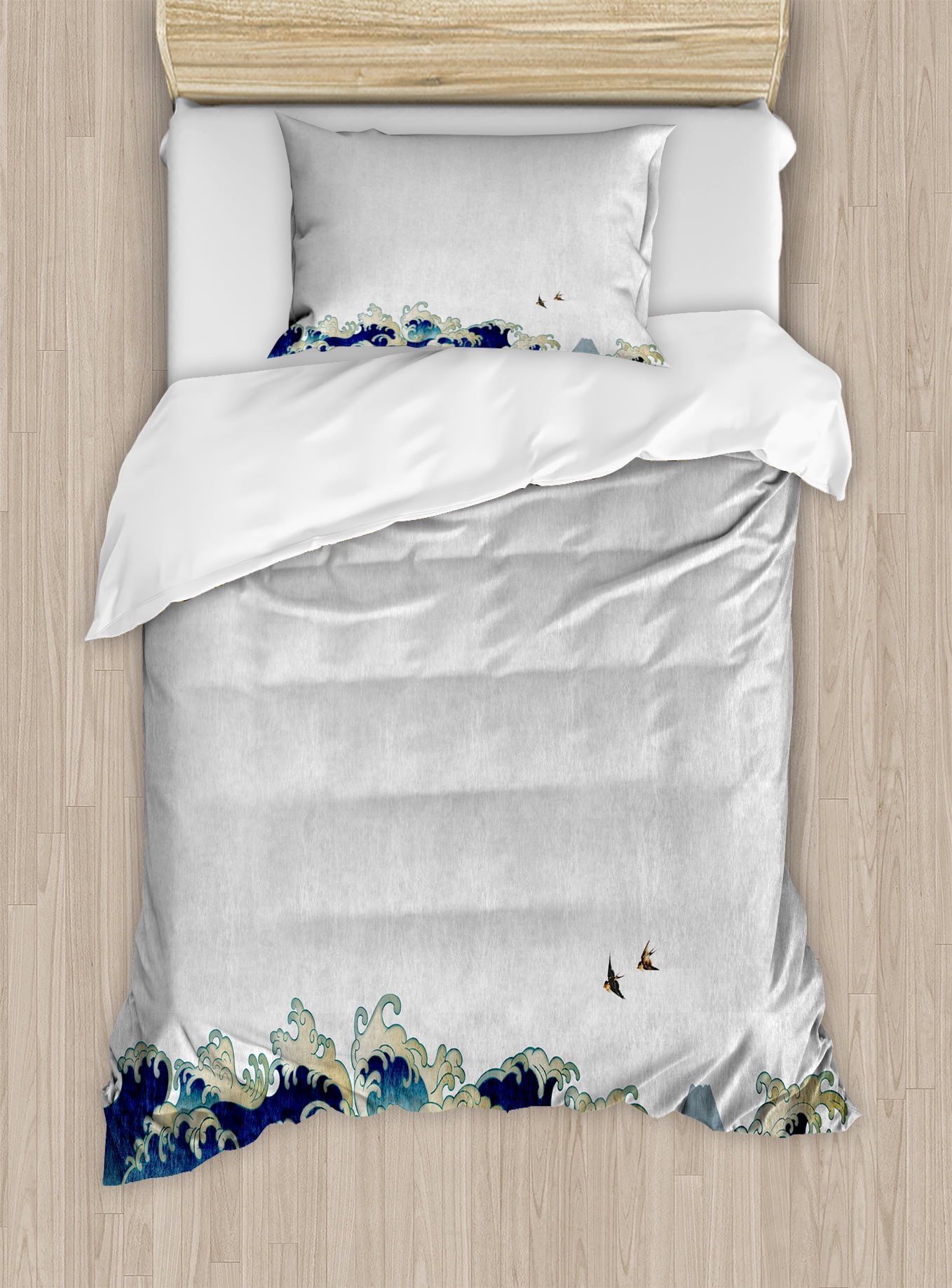 Japanese Wave Duvet Cover Set Aquatic Swirls Birds Of Ocean Ukiyo E Japanese Wave Duvet Cover Set Aquatic Swirls Birds Of Ocean Ukiyo E Style Artwork Greyscale Background Decorative Bedding With Pillow Shams