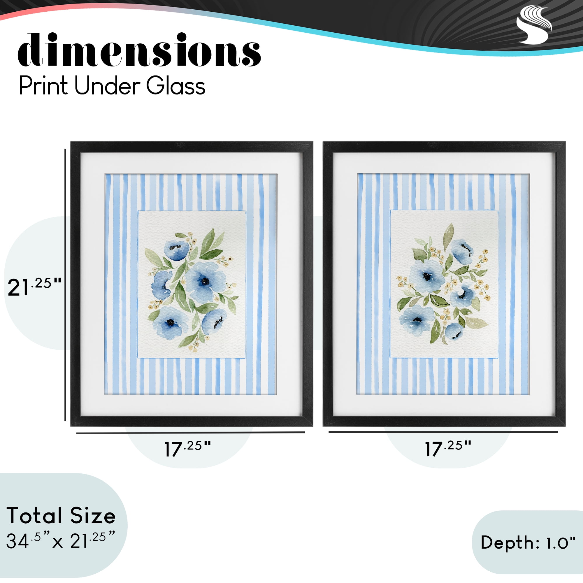 Stupell Industries Blue Flowers with Stripe Border 2 Piece Black Framed Print Under Glass Set, design by Leah Noel Art