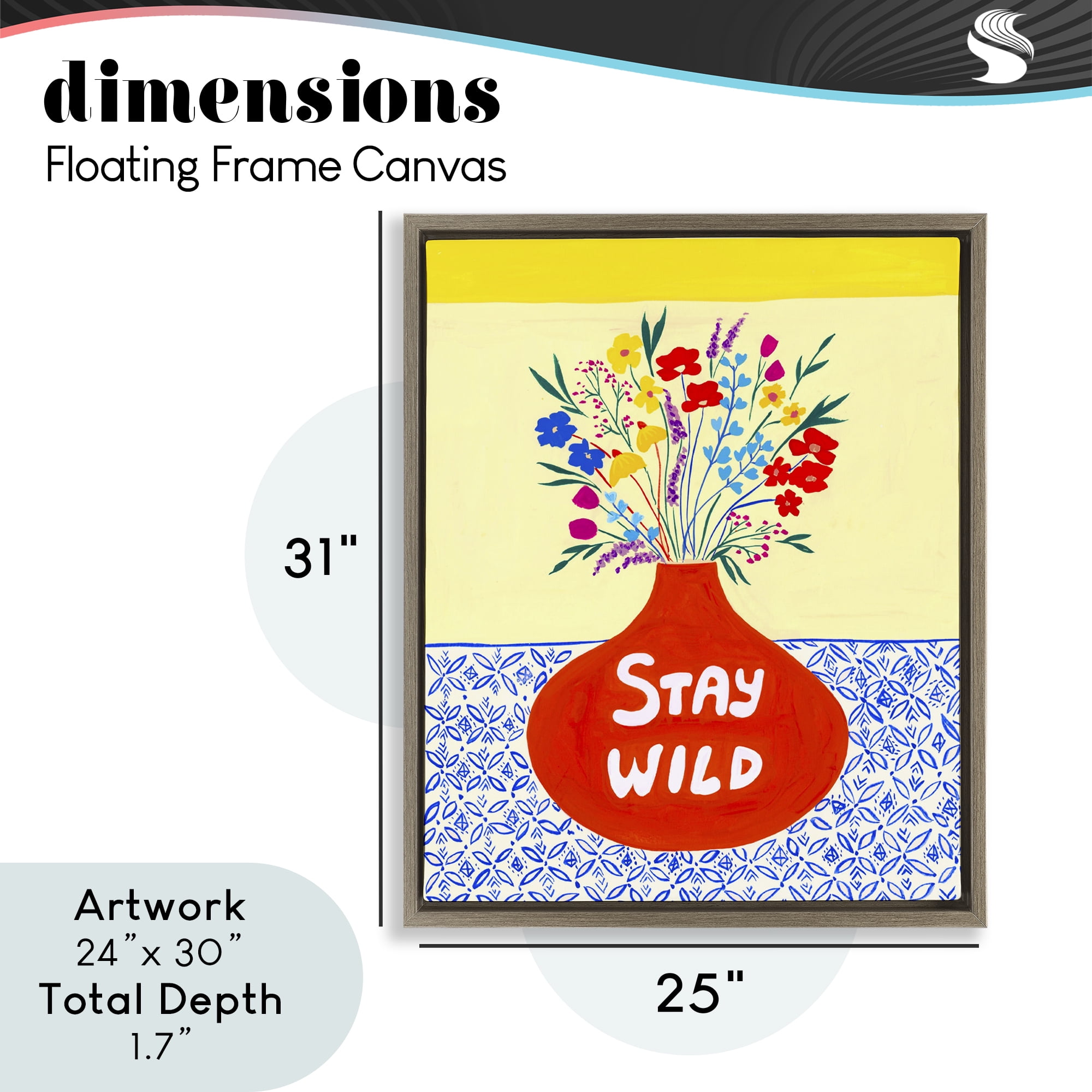 Stay Wild Midcentury Flowers Brown Framed Floater Canvas Wall Art, design by Nabeela Rumi