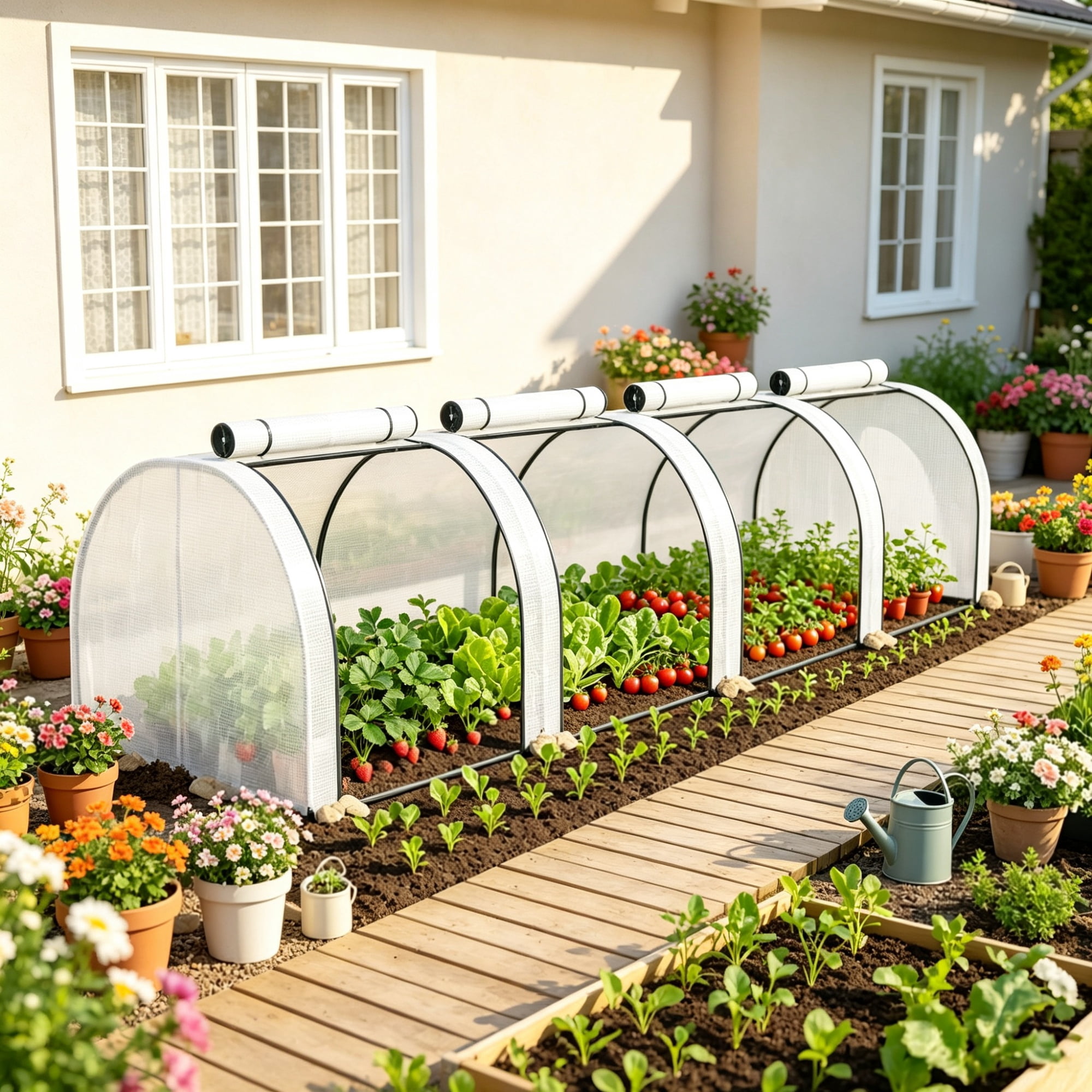 White Portable 13' L x 3' W x 2.5' H Tunnel Greenhouse, Garden Grow Tent with 4 Zipper Doors, Water/UV Protected PE Cover
