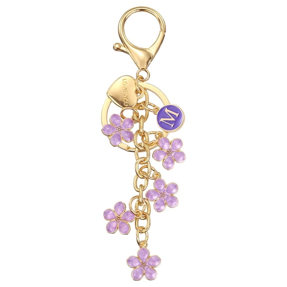 Initial Letter Keychain, Cute Flower Letter-M Keychains for Women Girls Purple