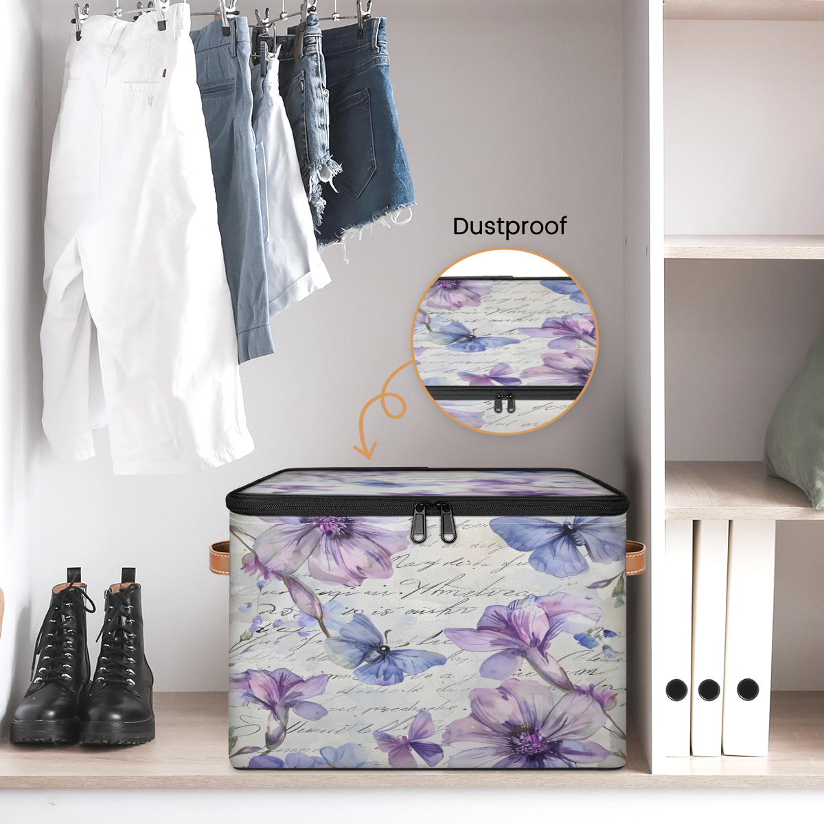 CURLYOOT Purple Flower Butterfly Fabric Storage Bins with Lids, Phrase Words Foldable Storage Boxes Washable Storage Cube, Closet Bedroom Home Organizer Containers with Handles