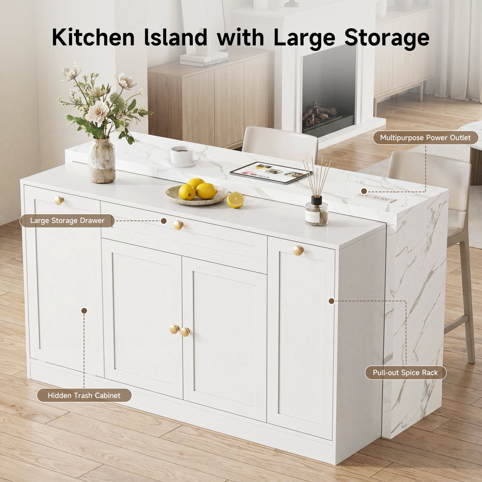 ROGALIS 63"Kitchen Island with Storage, Marble Countertop, Built-in Power Outlet, USB Charging & Trash Cabinet, Multi-Use Island Table for Kitchen Dining Room Living Room,White