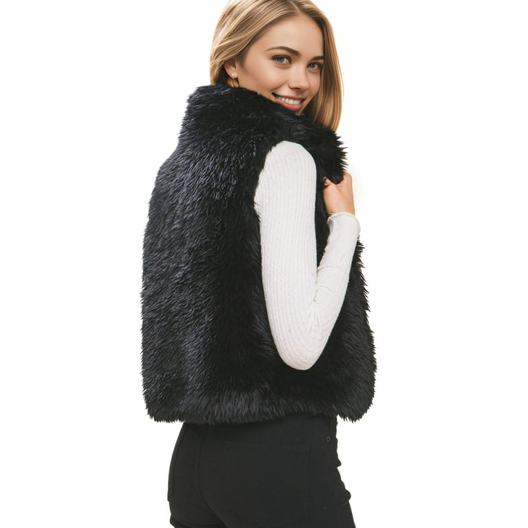 Love Tree Women s Juniors Soft Faux Fur with Side Pockets Vest Black Small