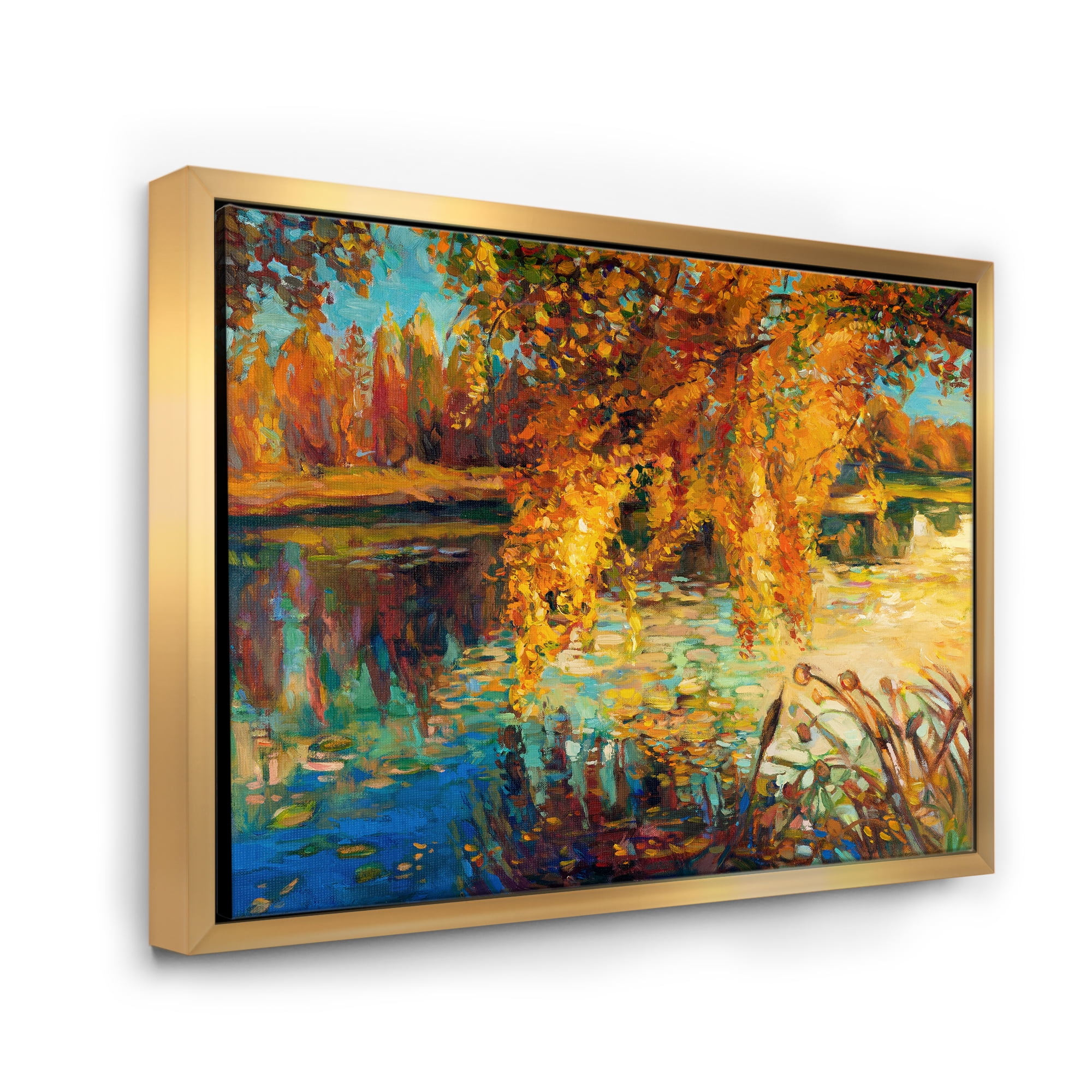 Designart 'Orange Autumn Forest Reflects On River' Lake House Framed Canvas Wall Art Print