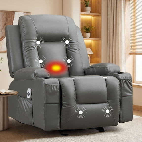JMYMRY Manual Recliner Chair with Massage and Heat, Faux Leather Single Reclining Sofa, 2 Cup Holders and Side Pocket for Living Room Home Theater, Grey