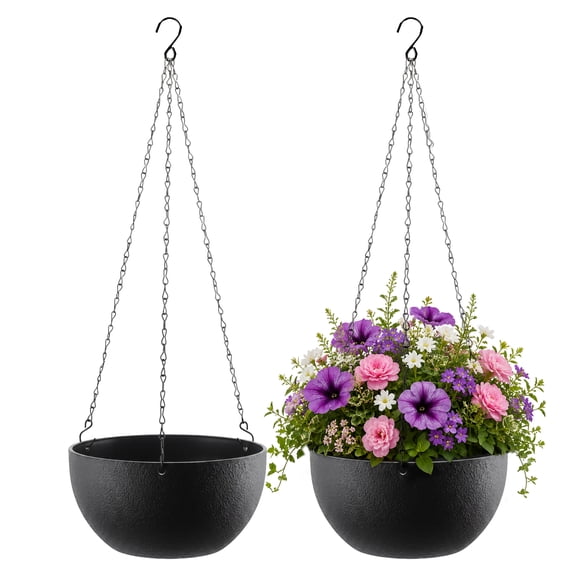 FOUKUS 2 Pack Hanging Planter Plant Hanger: Hanging Baskets for Plants Outdoor with Black Textured Pots, Metal Chains and S-Hooks, Hanging Flower Pots for Porch, Patio, Garden and Balcony