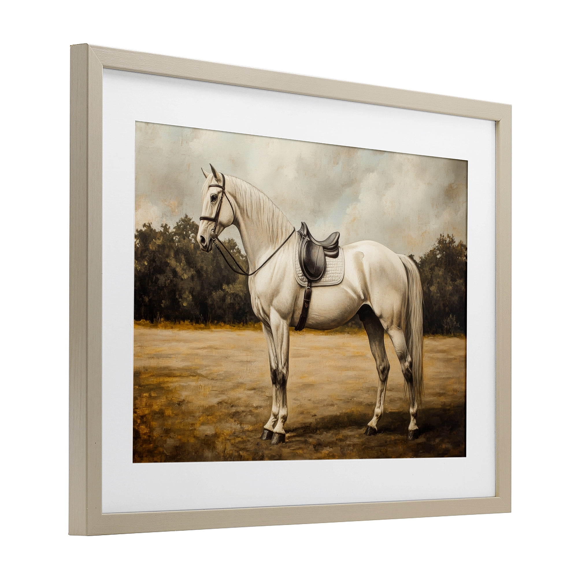 Stupell Industries White Mare with Saddle Birch Framed Print Under Glass, design by Petal Prints Design