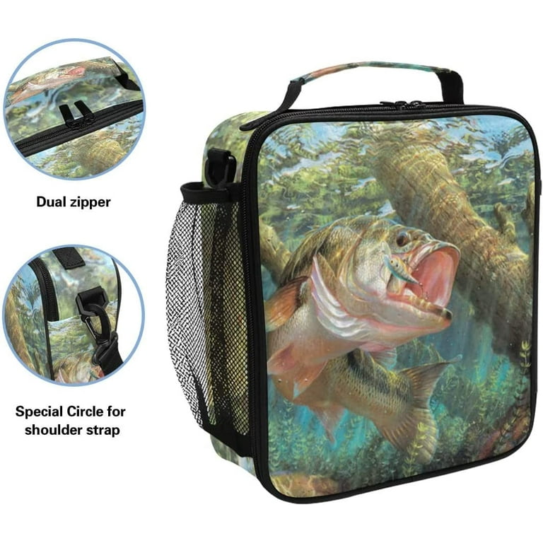 Bass Fish Lunch Box Insulated Lunch Bag Large Freezable Lunch Boxes Cooler  Meal Prep Lunch Tote with Shoulder Strap for Men/Women/Kids/Boys/Girls 
