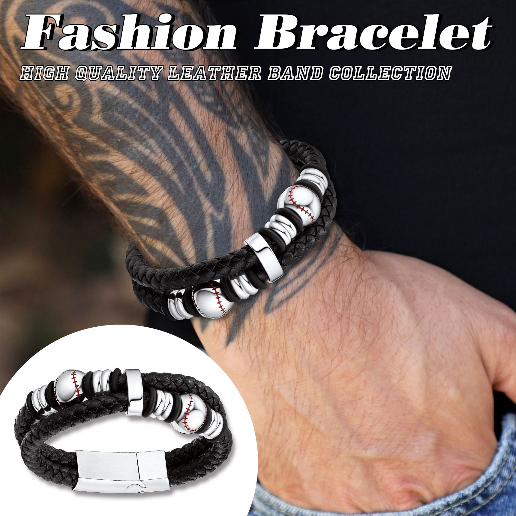 Bestyle Men's Stainless Steel Braided Leather Wristband ID Tag Bracelet for  Men Boys - Walmart.com