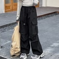 thumbnail image 7 of Kids Girl Pants Girls Solid Straight Leg Cargo Pants Drawstring Elastic Waist Fashion Childrens Bottoms Streetwear for Kids Black 5 Years-6 Years, 7 of 7
